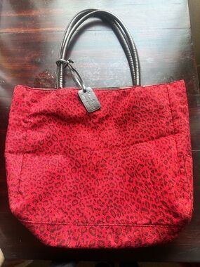 Neiman Marcus  Red Leopard Print Tote Bag with Black Handles
